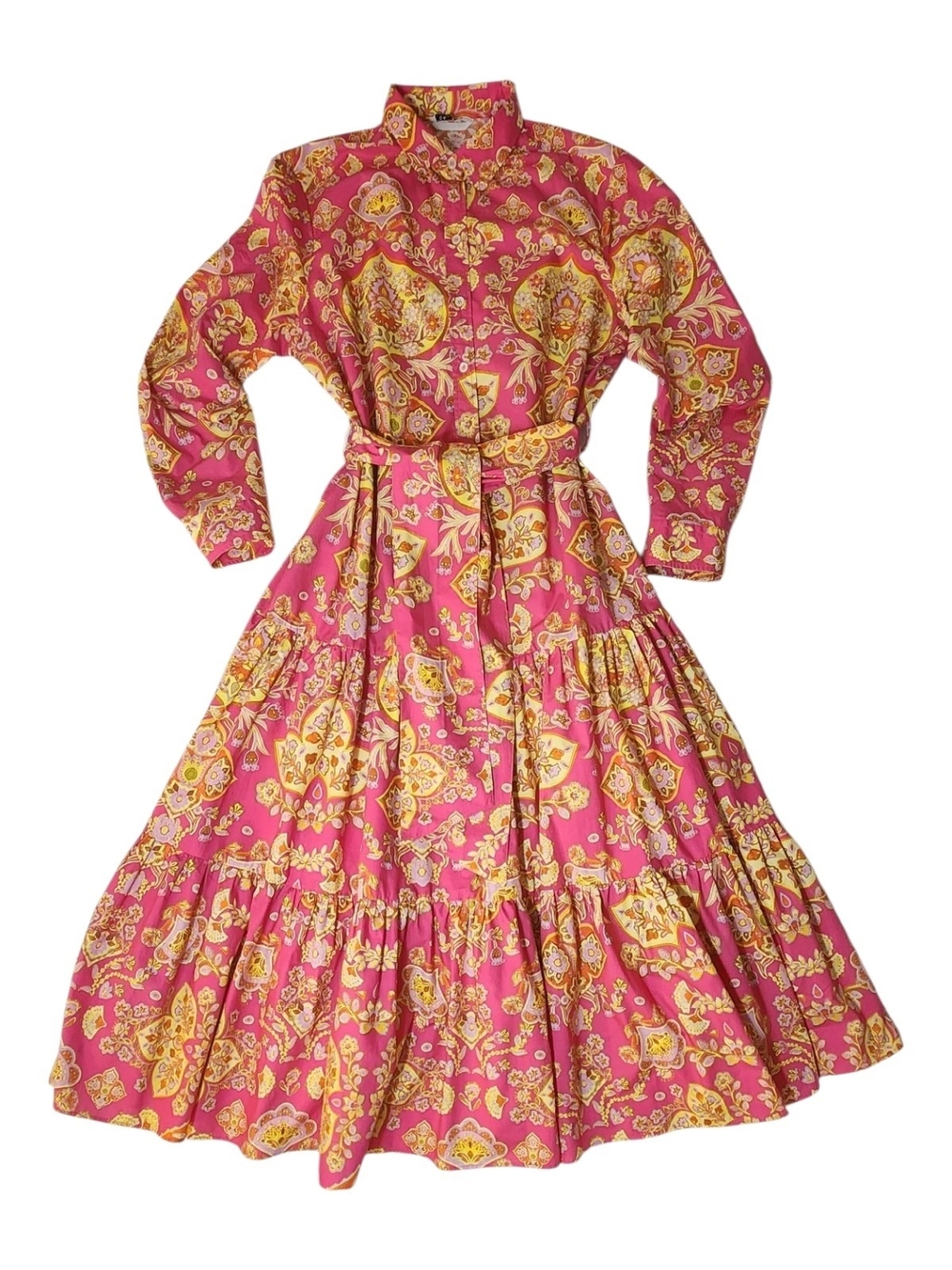 GALIBAN Bright Pink Paisley Maxi Shirt Dress Cotton